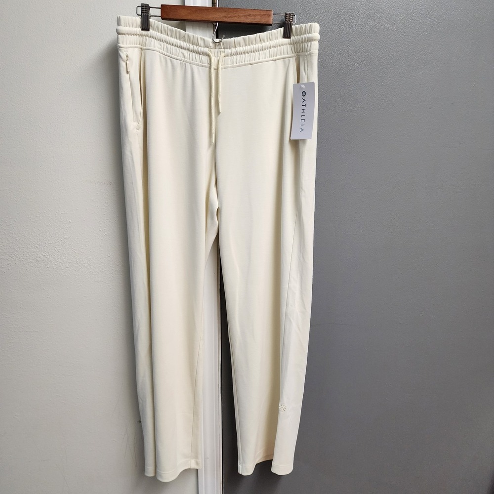 Athleta Large Seasoft Mid Rise Straight Pant, Cream SOFT Elastic Waist NWT $99